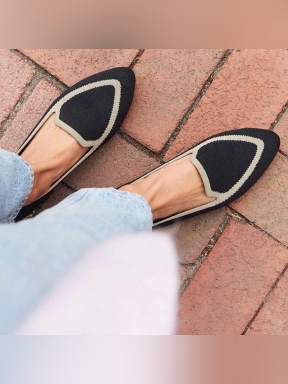 BIRDIES The Blackbird Knit Flats Women's 7 Black Beige Pointed Washable Loafer